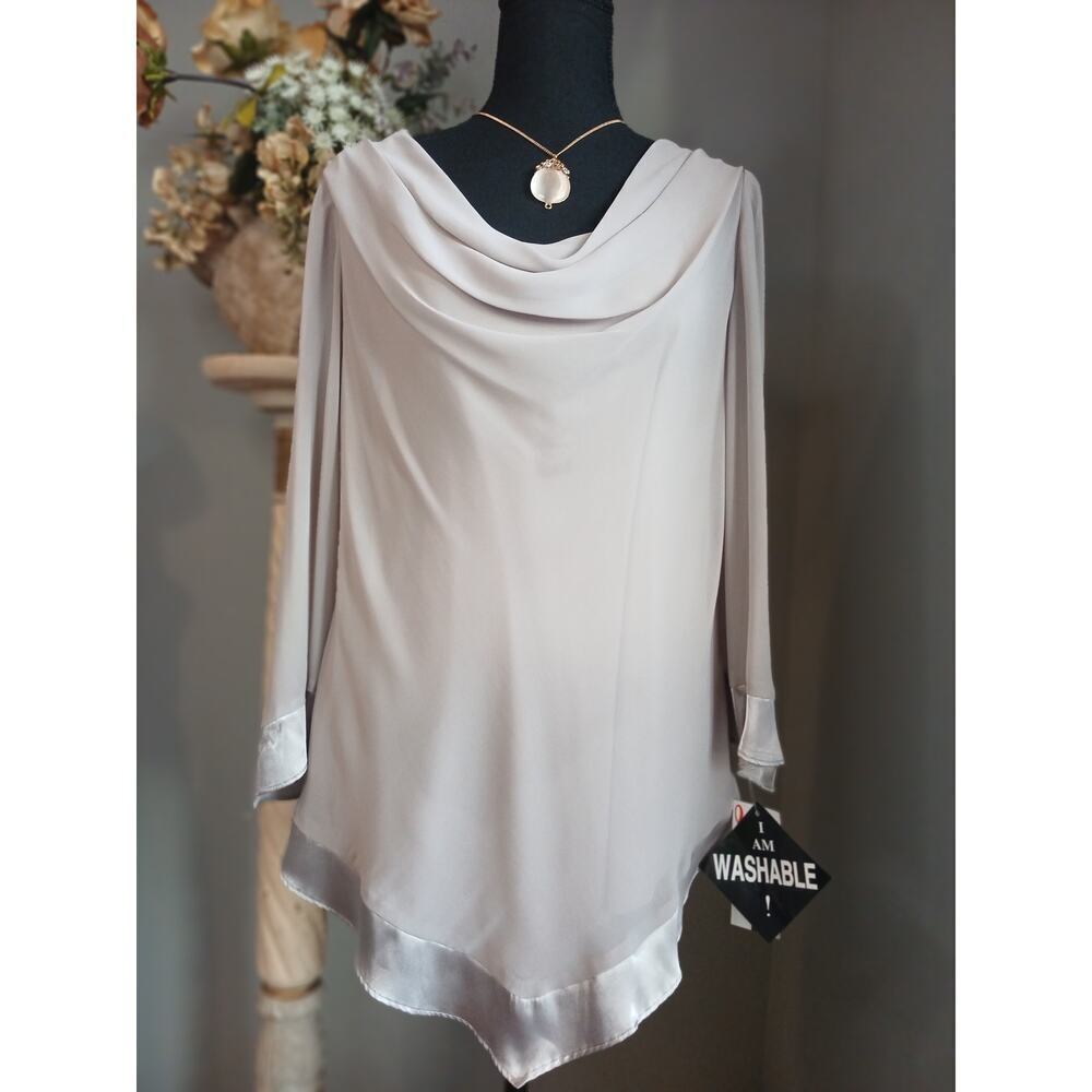 Dana Kay Dress Women Size 10 Silver Draped Cowl Neck Satin Trim Asymmetrical Hem